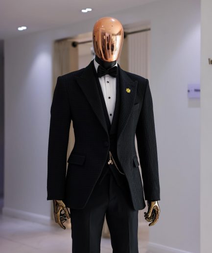 A Charcoal Black Peak Lapel, Stuffed/Slanted Square Patterned Jacquard Jacket.