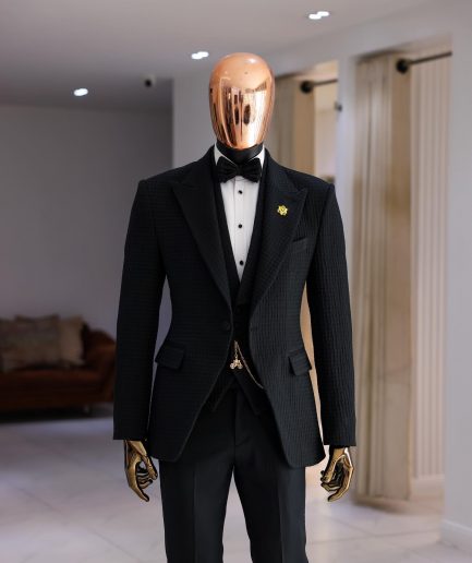 A Charcoal Black Peak Lapel, Stuffed/Slanted Square Patterned Jacquard Jacket.