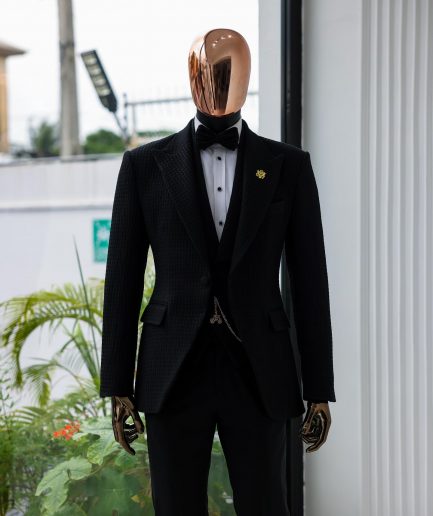 A Charcoal Black Peak Lapel, Stuffed/Slanted Square Patterned Jacquard Jacket.