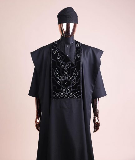 A charcoal black, grommet eyelet on root splash embroidery details agbada