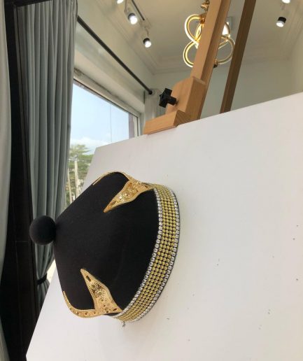 African IBO Black Royal Traditional Hat With Gold Swarovsky Adornment