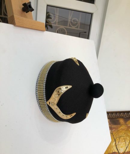 African IBO Black Royal Traditional Hat With Gold Swarovsky Adornment