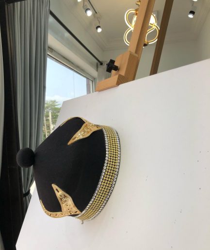 African IBO Black Royal Traditional Hat With Gold Swarovsky Adornment
