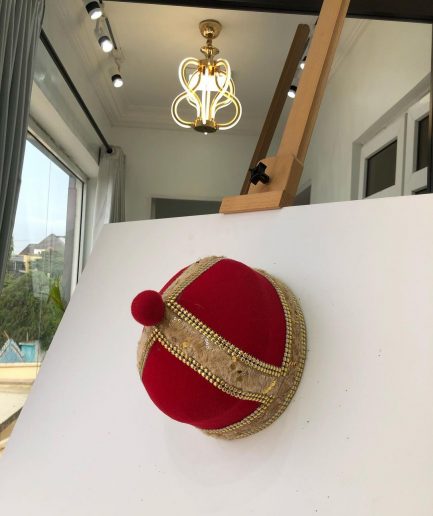 African IBO Red Royal Traditional Hat With Gold Adornment