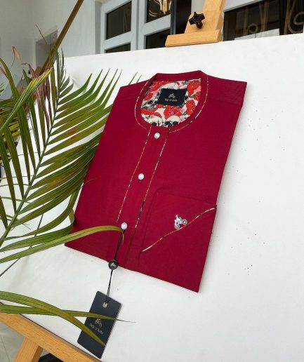 A Burgundy African Kaftan with silver Swarovski buttons, paisley detailing and sokoto