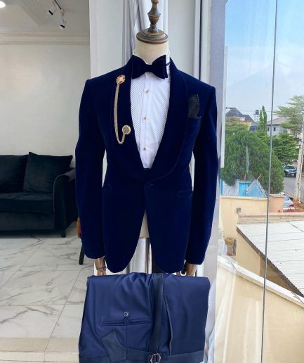 A Navy blue Shawl lapel Italian velvet tuxedo suit