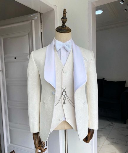 An Ivory White “Celestial” shawl lapel tuxedo tailored suit