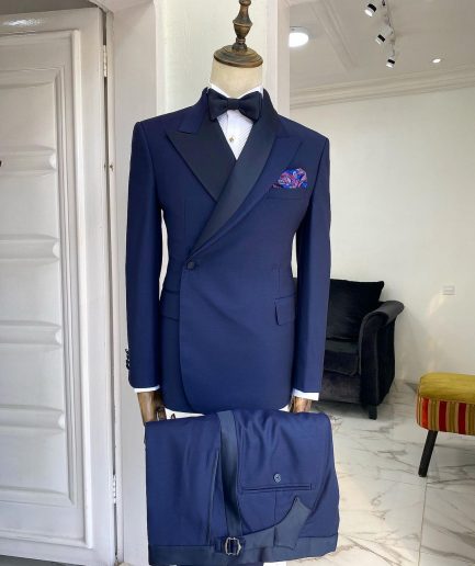 A Navy blue Reloaded “Arthur Richard” wrap peak and shawl lapel Tuxedo Suit