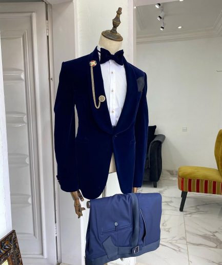 A Navy blue Shawl lapel Italian velvet tuxedo suit