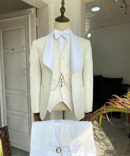 An Ivory White “Celestial” shawl lapel tuxedo tailored suit