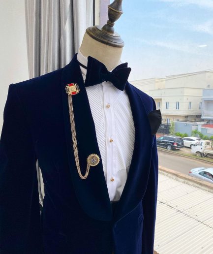 A Navy blue Shawl lapel Italian velvet tuxedo suit