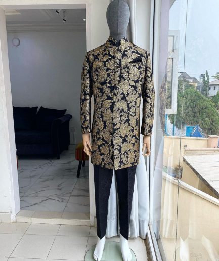 A Charcoal Black with gold pattern “Namaste” Indian Sherwani Traditional safari gold pattern suit