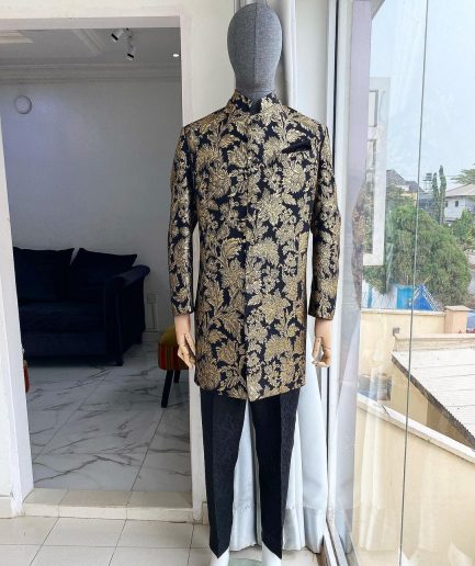 A Charcoal Black with gold pattern “Namaste” Indian Sherwani Traditional safari gold pattern suit