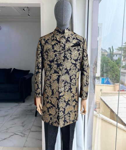 A Charcoal Black with gold pattern “Namaste” Indian Sherwani Traditional safari gold pattern suit