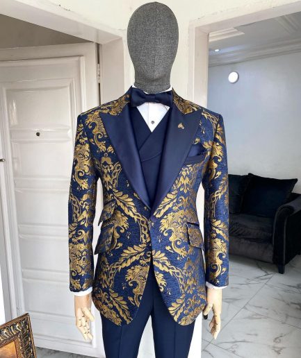 A Gold And Blue “Mandarin” Jacquard Floral Peak Lapel Tuxedo Suit