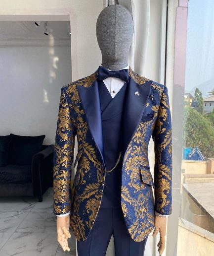 A Gold And Blue “Mandarin” Jacquard Floral Peak Lapel Tuxedo Suit