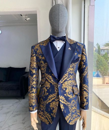 A Gold And Blue “Mandarin” Jacquard Floral Peak Lapel Tuxedo Suit