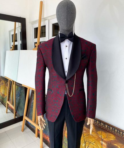 A Burgundy Dispersed Green Floral Pattern Jacquard Shawl Lapel Blazer Suit