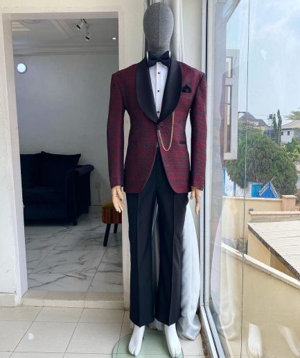 A Burgundy Dispersed Green Floral Pattern Jacquard Shawl Lapel Blazer Suit