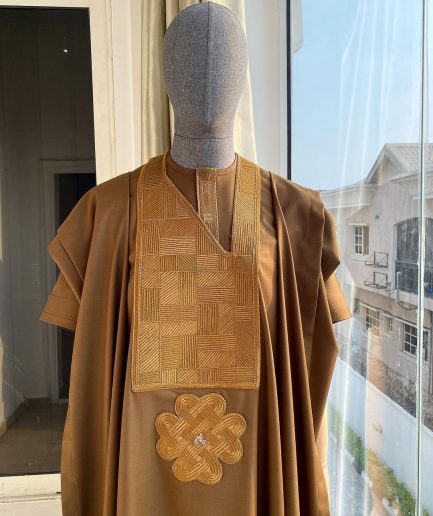 A Coffee Brown with a maze line Japanese intersection design Agbada