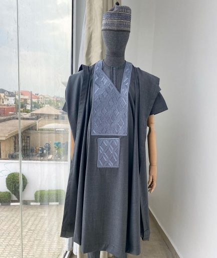 A Dark Irish Grey with connected square embroidery Agbada, senator kaftan and sokoto