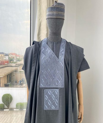A Dark Irish Grey with connected square embroidery Agbada, senator kaftan and sokoto
