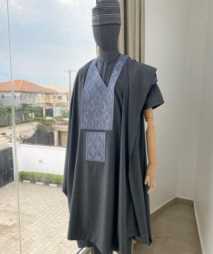 A Dark Irish Grey with connected square embroidery Agbada, senator kaftan and sokoto