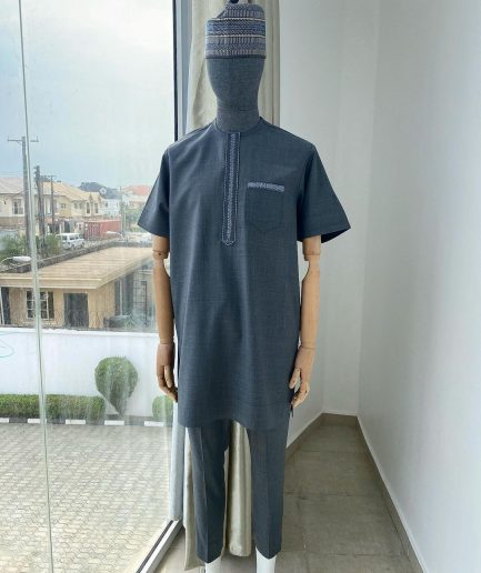 An Irish grey traditional embroidery senator kaftan.