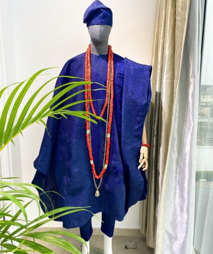 A Yoruba navy blue aso-oke Wedding Traditional Agbada