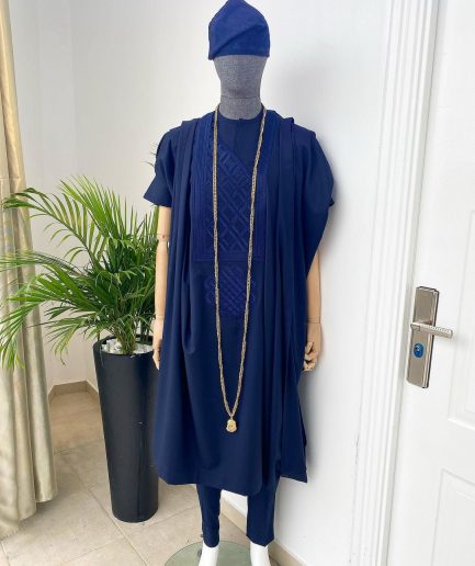 A Navy Blue, hand woven Yoruba traditional hat, senator kaftan and sokoto