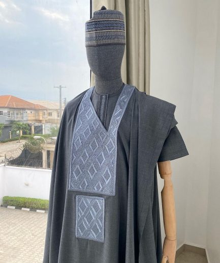 A Dark Irish Grey with connected square embroidery Agbada, senator kaftan and sokoto