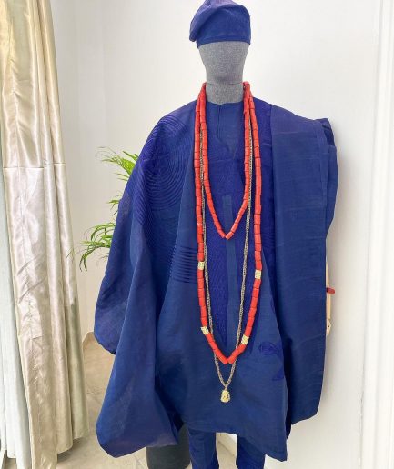 A Yoruba navy blue aso-oke Wedding Traditional Agbada