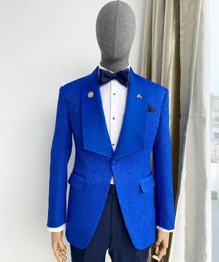 A Royal Blue floral pattern jacquard shawl lapel tuxedo suit
