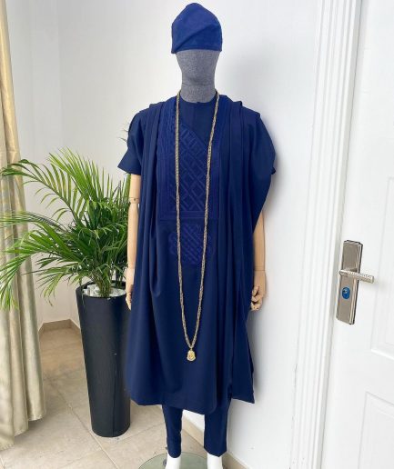 A Navy Blue, hand woven Yoruba traditional hat, senator kaftan and sokoto