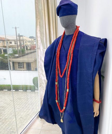 A Yoruba navy blue aso-oke Wedding Traditional Agbada