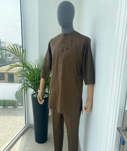 A Chocolate Brown 3/4 sleeve with patch pocket African kaftan