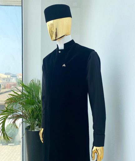 A monochrome Charcoal Black long senator kaftan, Soaked black premium velvet kimono with Swarovski button details, and matching velvet round cap