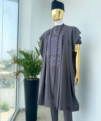 A space grey with black and Grey dotted embroidery design Agbada