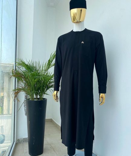 A monochrome Charcoal Black long senator kaftan