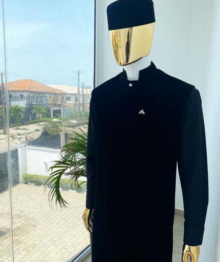 A monochrome Charcoal Black long senator kaftan, Soaked black premium velvet kimono with Swarovski button details, and matching velvet round cap