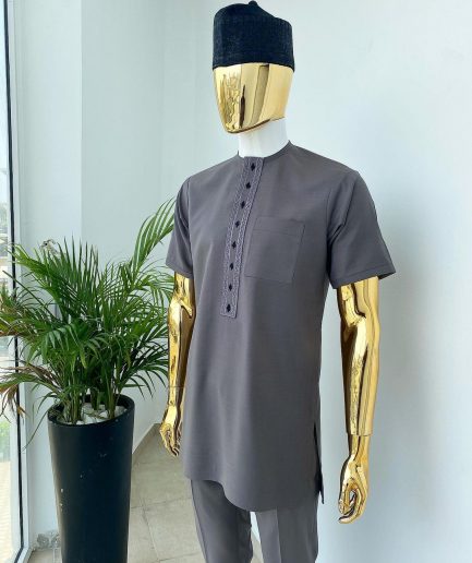 A Space Grey senator with a black and grey dotted embroidery design Kaftan