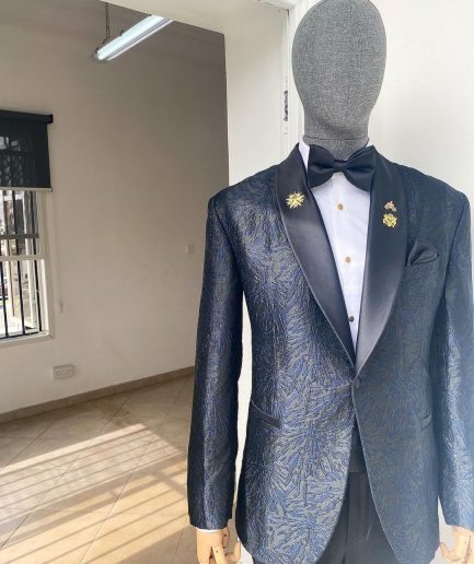 A Metallic Midnight blue and black broom pattern jacquard shawl lapel tuxedo suit