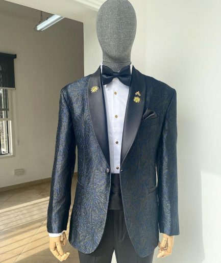 A Metallic Midnight blue and black broom pattern jacquard shawl lapel tuxedo suit