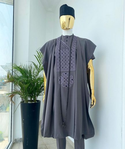 A space grey with black and Grey dotted embroidery design Agbada