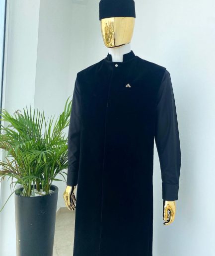 A monochrome Charcoal Black long senator kaftan, Soaked black premium velvet kimono with Swarovski button details, and matching velvet round cap