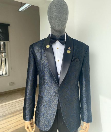 A Metallic Midnight blue and black broom pattern jacquard shawl lapel tuxedo suit