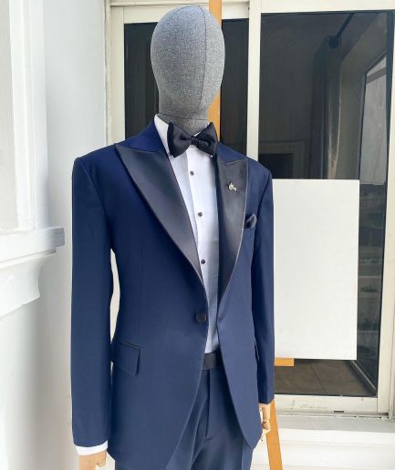 A “Classic” Navy Blue Peak Lapel Tuxedo Suit