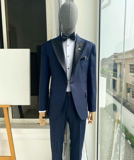 A “Classic” Navy Blue Peak Lapel Tuxedo Suit