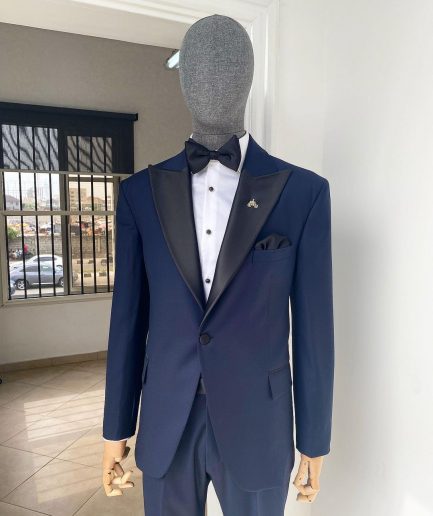 A “Classic” Navy Blue Peak Lapel Tuxedo Suit