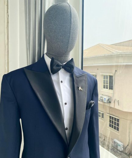 A “Classic” Navy Blue Peak Lapel Tuxedo Suit